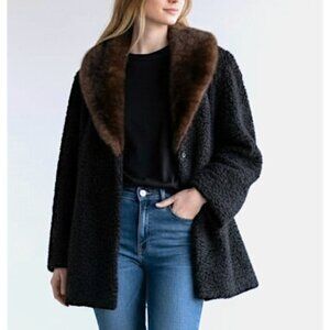 Azens Furs Persian Curly Lamb & Mink Fur Coat Women's Jacket Black Size XL